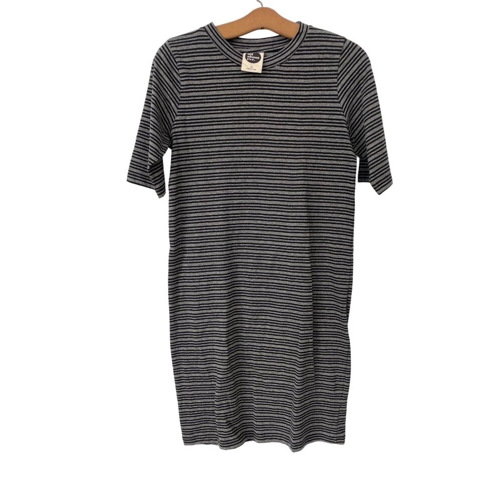 All About Eve Mini Dress Size 10 Striped Crewneck Short Sleeve Cotton Gray Black